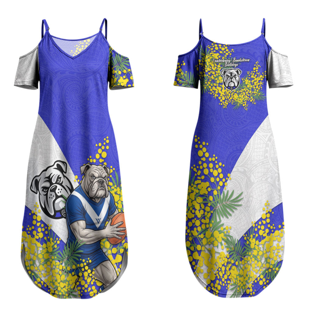Canterbury Bankstown Bulldogs Couples Matching Summer Maxi Dress and Long Sleeve Button Shirt Golden Wattle Floral Polynesian - Australian Flower - Rugby Mascot