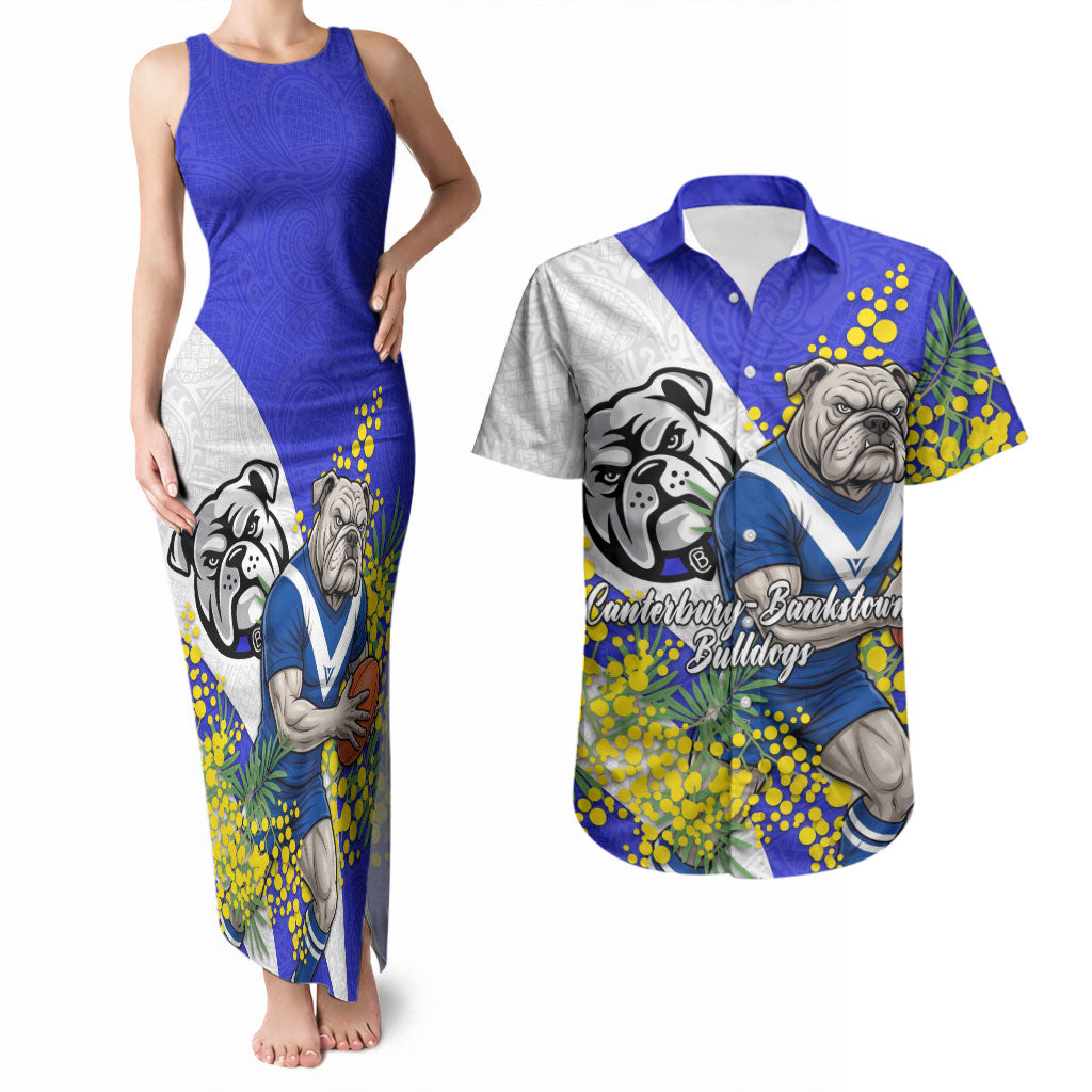 Canterbury Bankstown Bulldogs Couples Matching Tank Maxi Dress and Hawaiian Shirt Golden Wattle Floral Polynesian - Australian Flower - Rugby Mascot