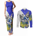 Canterbury Bankstown Bulldogs Couples Matching Tank Maxi Dress and Long Sleeve Button Shirt Golden Wattle Floral Polynesian - Australian Flower - Rugby Mascot