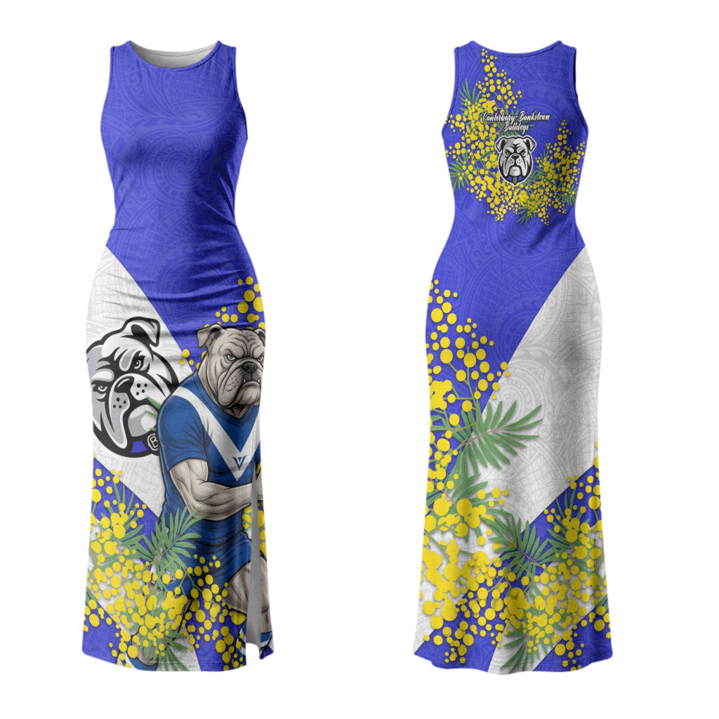 Canterbury Bankstown Bulldogs Couples Matching Tank Maxi Dress and Long Sleeve Button Shirt Golden Wattle Floral Polynesian - Australian Flower - Rugby Mascot