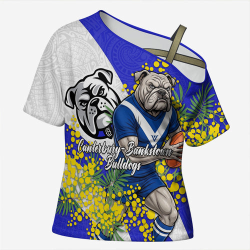 Canterbury Bankstown Bulldogs Cross Shoulder Shirt Golden Wattle Floral Polynesian - Australian Flower - Rugby Mascot