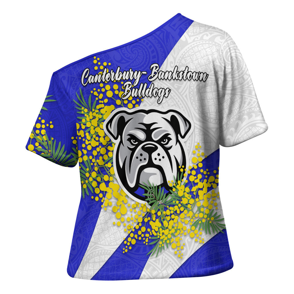 Canterbury Bankstown Bulldogs Cross Shoulder Shirt Golden Wattle Floral Polynesian - Australian Flower - Rugby Mascot
