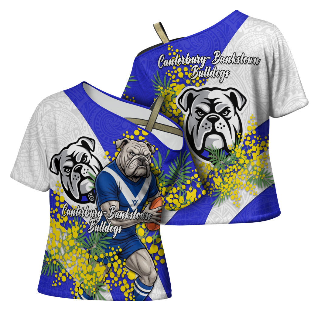 Canterbury Bankstown Bulldogs Cross Shoulder Shirt Golden Wattle Floral Polynesian - Australian Flower - Rugby Mascot