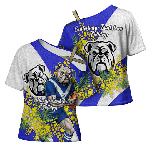 Canterbury Bankstown Bulldogs Cross Shoulder Shirt Golden Wattle Floral Polynesian - Australian Flower - Rugby Mascot
