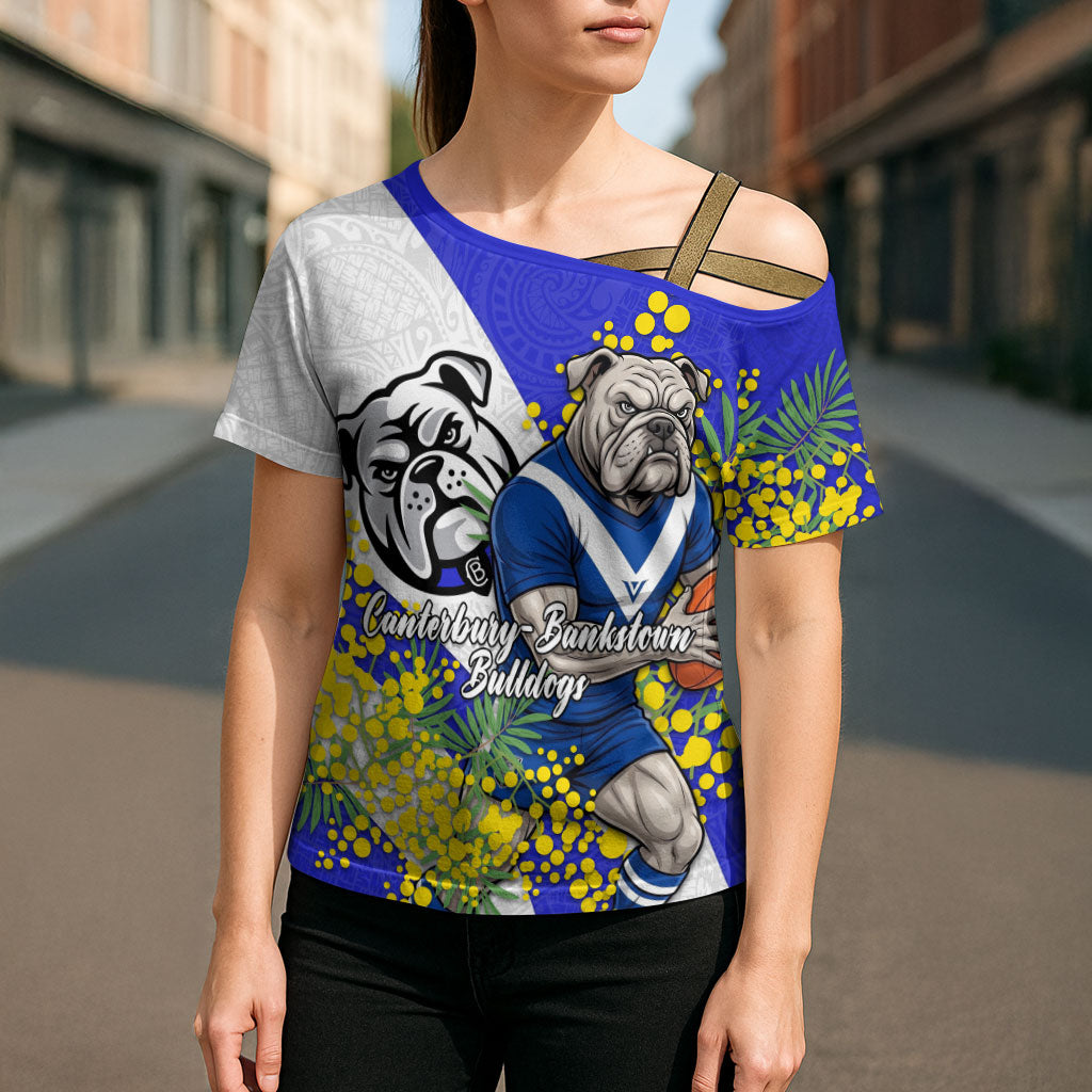 Canterbury Bankstown Bulldogs Cross Shoulder Shirt Golden Wattle Floral Polynesian - Australian Flower - Rugby Mascot