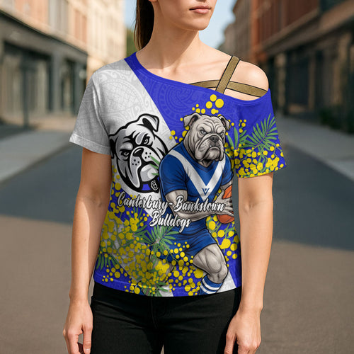 Canterbury Bankstown Bulldogs Cross Shoulder Shirt Golden Wattle Floral Polynesian - Australian Flower - Rugby Mascot