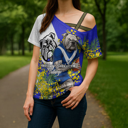 Canterbury Bankstown Bulldogs Cross Shoulder Shirt Golden Wattle Floral Polynesian - Australian Flower - Rugby Mascot