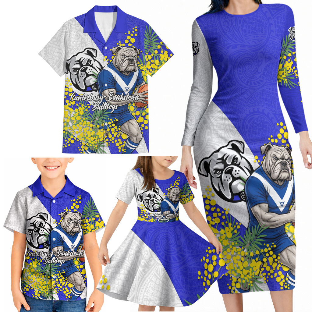 Canterbury Bankstown Bulldogs Family Matching Long Sleeve Bodycon Dress and Hawaiian Shirt Golden Wattle Floral Polynesian - Australian Flower - Rugby Mascot