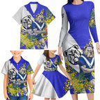 Canterbury Bankstown Bulldogs Family Matching Long Sleeve Bodycon Dress and Hawaiian Shirt Golden Wattle Floral Polynesian - Australian Flower - Rugby Mascot