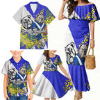 Canterbury Bankstown Bulldogs Family Matching Mermaid Dress and Hawaiian Shirt Golden Wattle Floral Polynesian - Australian Flower - Rugby Mascot