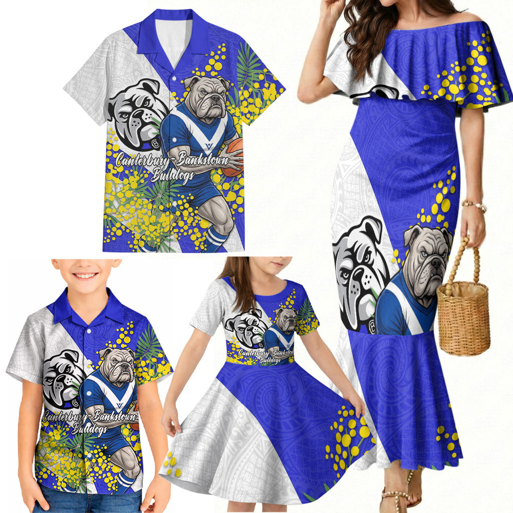 Canterbury Bankstown Bulldogs Family Matching Mermaid Dress and Hawaiian Shirt Golden Wattle Floral Polynesian - Australian Flower - Rugby Mascot