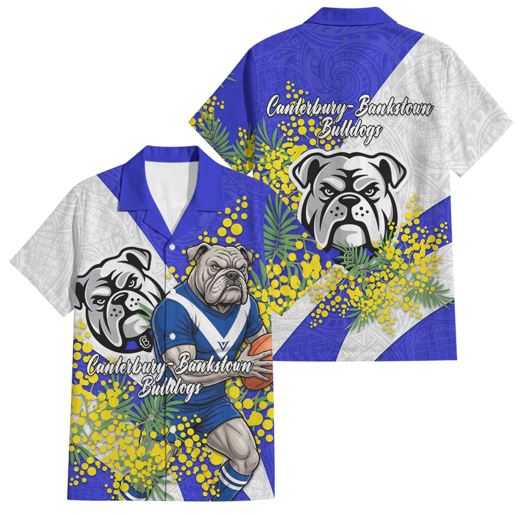 Canterbury Bankstown Bulldogs Family Matching Mermaid Dress and Hawaiian Shirt Golden Wattle Floral Polynesian - Australian Flower - Rugby Mascot