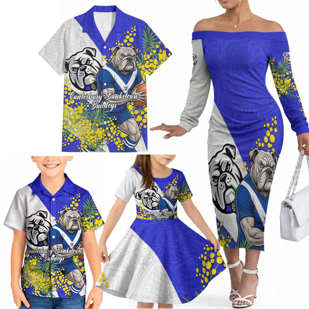 Canterbury Bankstown Bulldogs Family Matching Off The Shoulder Long Sleeve Dress and Hawaiian Shirt Golden Wattle Floral Polynesian - Australian Flower - Rugby Mascot