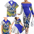 Canterbury Bankstown Bulldogs Family Matching Off The Shoulder Long Sleeve Dress and Hawaiian Shirt Golden Wattle Floral Polynesian - Australian Flower - Rugby Mascot