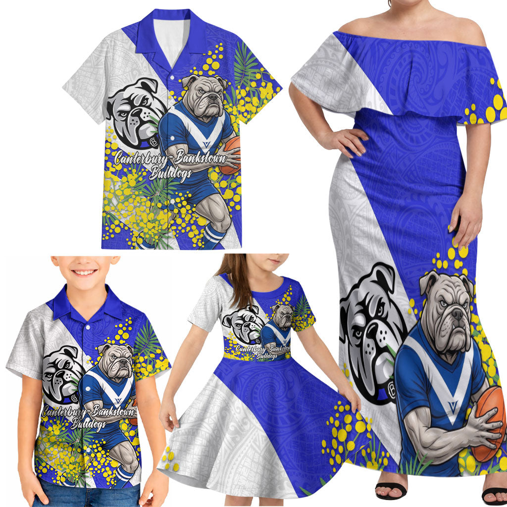 Canterbury Bankstown Bulldogs Family Matching Off Shoulder Maxi Dress and Hawaiian Shirt Golden Wattle Floral Polynesian - Australian Flower - Rugby Mascot