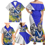 Canterbury Bankstown Bulldogs Family Matching Off Shoulder Maxi Dress and Hawaiian Shirt Golden Wattle Floral Polynesian - Australian Flower - Rugby Mascot