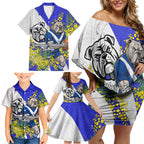 Canterbury Bankstown Bulldogs Family Matching Off Shoulder Short Dress and Hawaiian Shirt Golden Wattle Floral Polynesian - Australian Flower - Rugby Mascot