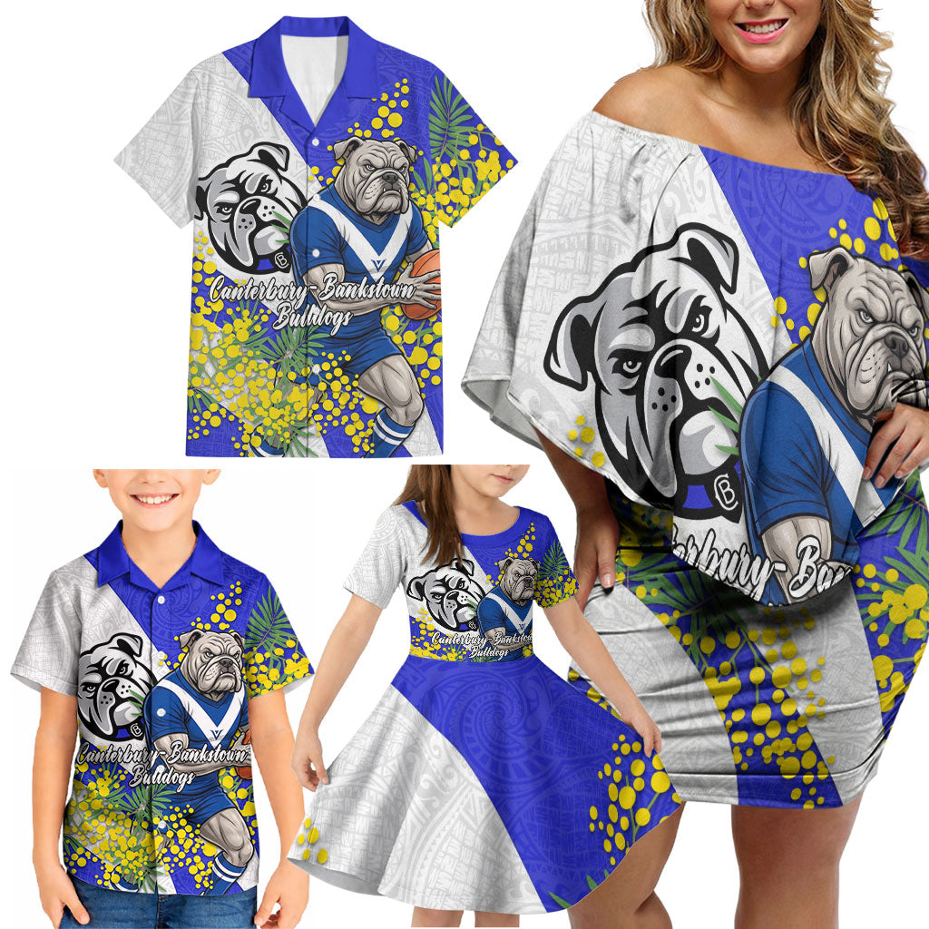 Canterbury Bankstown Bulldogs Family Matching Off Shoulder Short Dress and Hawaiian Shirt Golden Wattle Floral Polynesian - Australian Flower - Rugby Mascot