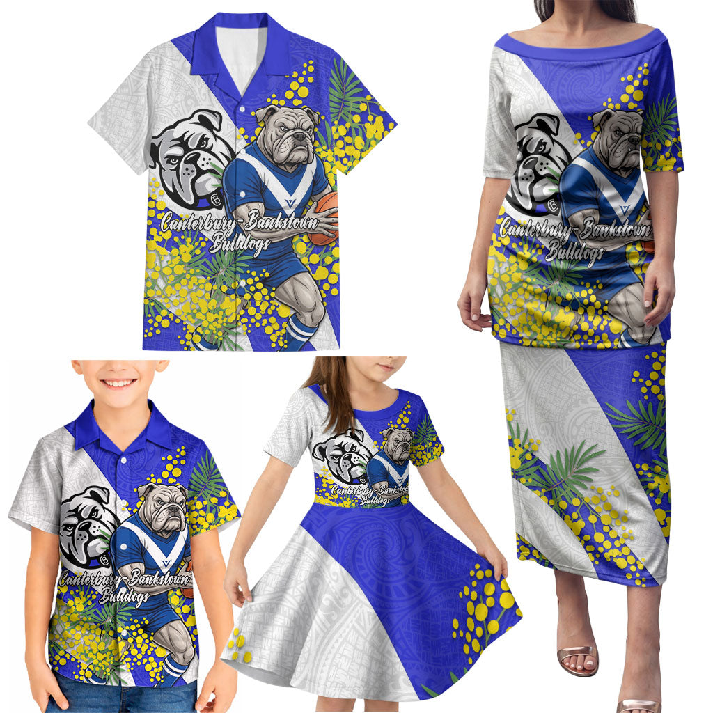 Canterbury Bankstown Bulldogs Family Matching Puletasi and Hawaiian Shirt Golden Wattle Floral Polynesian - Australian Flower - Rugby Mascot