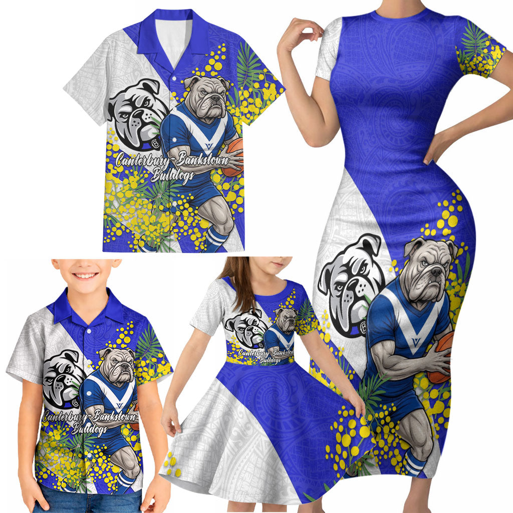 Canterbury Bankstown Bulldogs Family Matching Short Sleeve Bodycon Dress and Hawaiian Shirt Golden Wattle Floral Polynesian - Australian Flower - Rugby Mascot