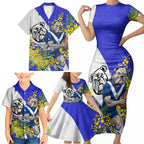 Canterbury Bankstown Bulldogs Family Matching Short Sleeve Bodycon Dress and Hawaiian Shirt Golden Wattle Floral Polynesian - Australian Flower - Rugby Mascot