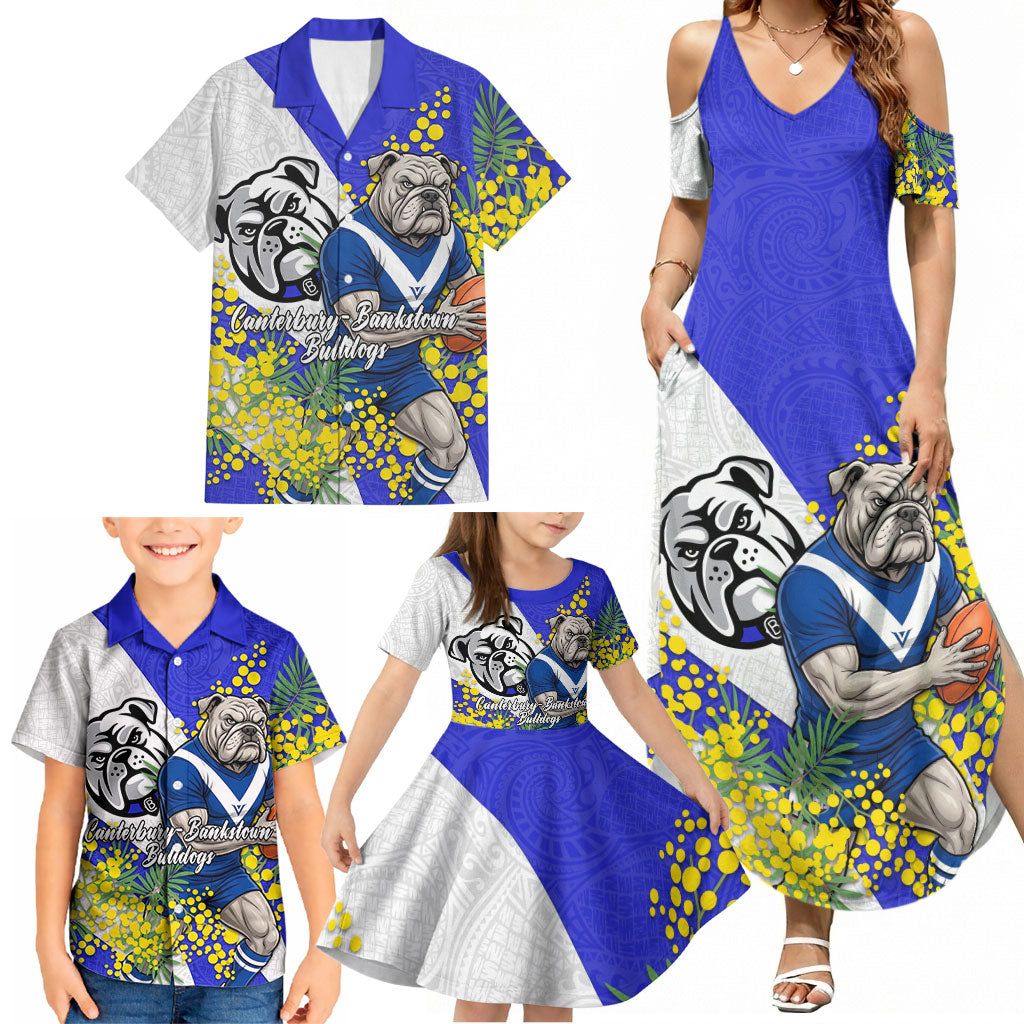 Canterbury Bankstown Bulldogs Family Matching Summer Maxi Dress and Hawaiian Shirt Golden Wattle Floral Polynesian - Australian Flower - Rugby Mascot