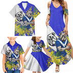 Canterbury Bankstown Bulldogs Family Matching Summer Maxi Dress and Hawaiian Shirt Golden Wattle Floral Polynesian - Australian Flower - Rugby Mascot