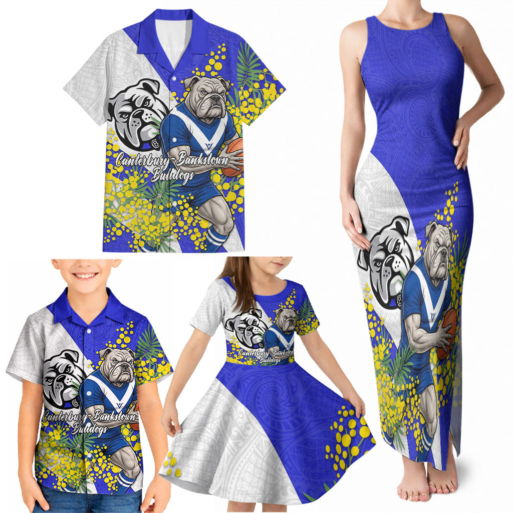 Canterbury Bankstown Bulldogs Family Matching Tank Maxi Dress and Hawaiian Shirt Golden Wattle Floral Polynesian - Australian Flower - Rugby Mascot