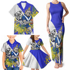 Canterbury Bankstown Bulldogs Family Matching Tank Maxi Dress and Hawaiian Shirt Golden Wattle Floral Polynesian - Australian Flower - Rugby Mascot