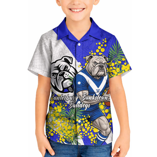 Canterbury Bankstown Bulldogs Kid Hawaiian Shirt Golden Wattle Floral Polynesian - Australian Flower - Rugby Mascot