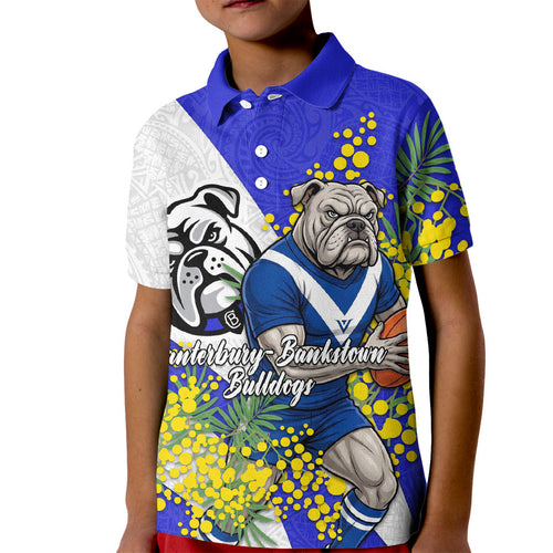 Canterbury Bankstown Bulldogs Kid Polo Shirt Golden Wattle Floral Polynesian - Australian Flower - Rugby Mascot