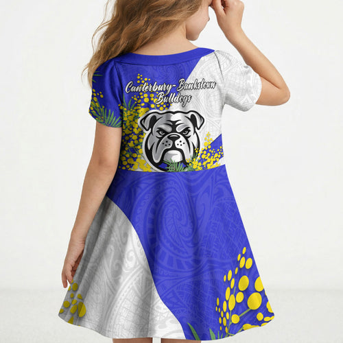 Canterbury Bankstown Bulldogs Kid Short Sleeve Dress Golden Wattle Floral Polynesian - Australian Flower - Rugby Mascot