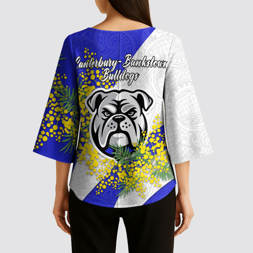 Canterbury Bankstown Bulldogs Kimono Sleeve Blouse Golden Wattle Floral Polynesian - Australian Flower - Rugby Mascot