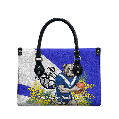 Canterbury Bankstown Bulldogs Leather Bag Golden Wattle Floral Polynesian - Australian Flower - Rugby Mascot