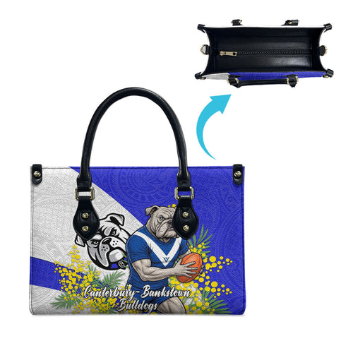 Canterbury Bankstown Bulldogs Leather Bag Golden Wattle Floral Polynesian - Australian Flower - Rugby Mascot