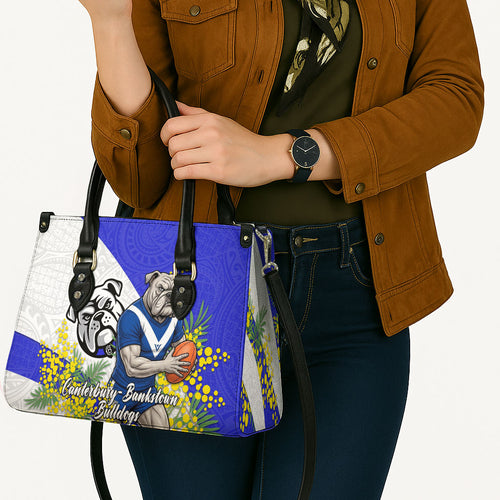 Canterbury Bankstown Bulldogs Leather Bag Golden Wattle Floral Polynesian - Australian Flower - Rugby Mascot