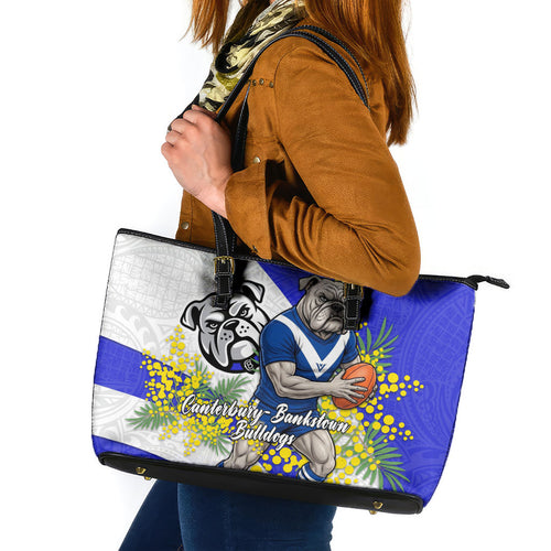 Canterbury Bankstown Bulldogs Leather Tote Bag Golden Wattle Floral Polynesian - Australian Flower - Rugby Mascot