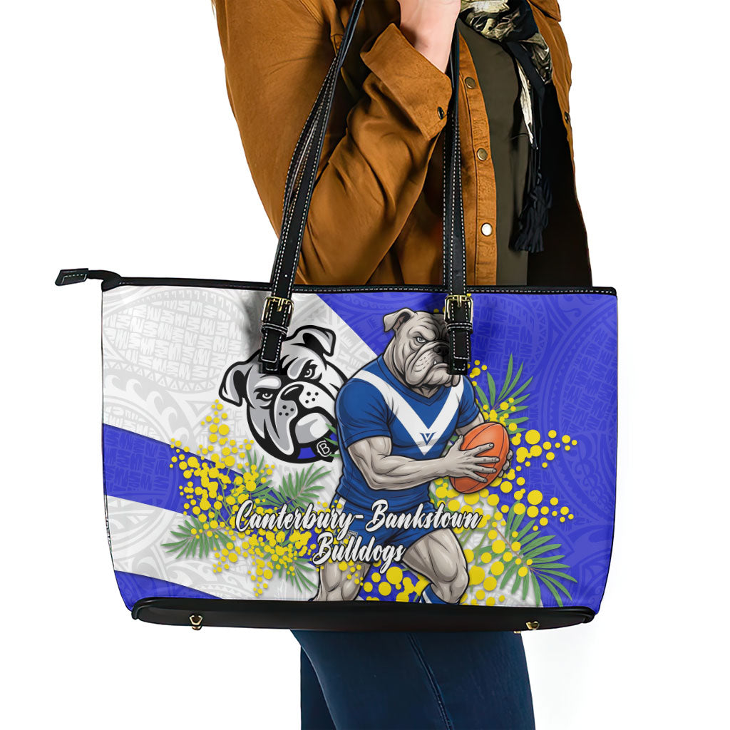 Canterbury Bankstown Bulldogs Leather Tote Bag Golden Wattle Floral Polynesian - Australian Flower - Rugby Mascot