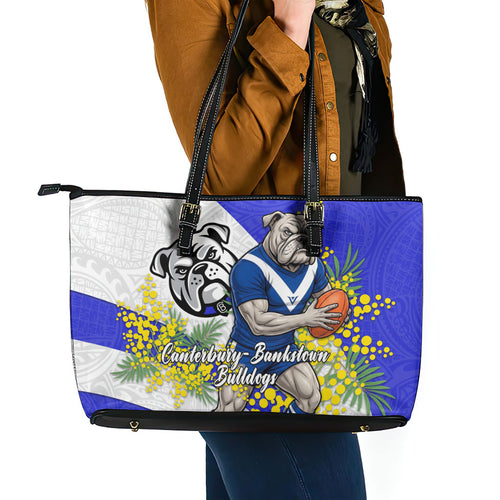 Canterbury Bankstown Bulldogs Leather Tote Bag Golden Wattle Floral Polynesian - Australian Flower - Rugby Mascot