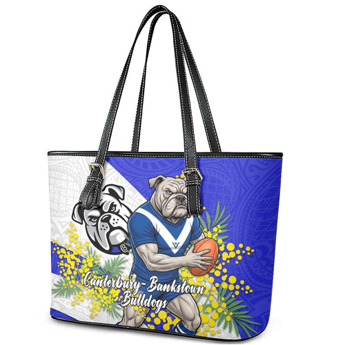 Canterbury Bankstown Bulldogs Leather Tote Bag Golden Wattle Floral Polynesian - Australian Flower - Rugby Mascot