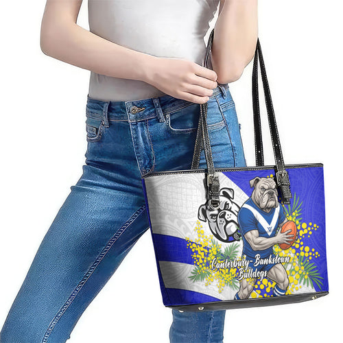 Canterbury Bankstown Bulldogs Leather Tote Bag Golden Wattle Floral Polynesian - Australian Flower - Rugby Mascot
