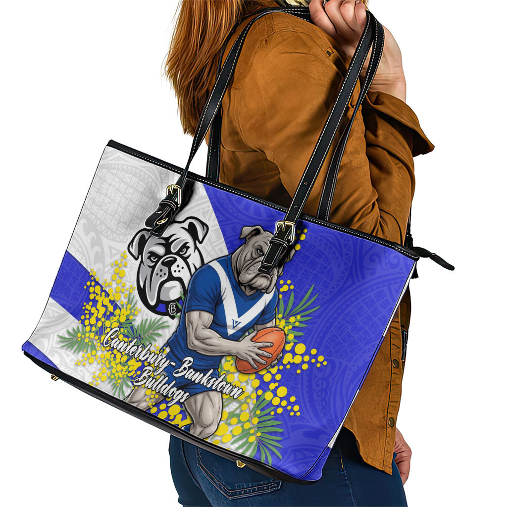 Canterbury Bankstown Bulldogs Leather Tote Bag Golden Wattle Floral Polynesian - Australian Flower - Rugby Mascot