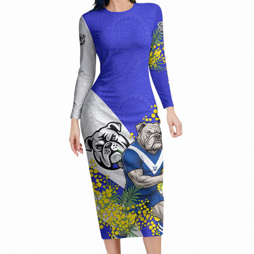 Canterbury Bankstown Bulldogs Long Sleeve Bodycon Dress Golden Wattle Floral Polynesian - Australian Flower - Rugby Mascot