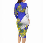 Canterbury Bankstown Bulldogs Long Sleeve Bodycon Dress Golden Wattle Floral Polynesian - Australian Flower - Rugby Mascot