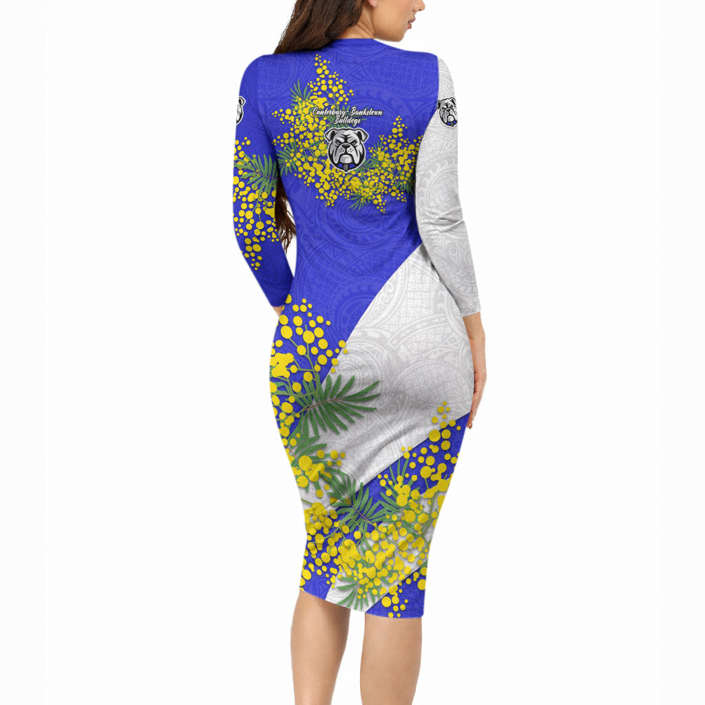 Canterbury Bankstown Bulldogs Long Sleeve Bodycon Dress Golden Wattle Floral Polynesian - Australian Flower - Rugby Mascot