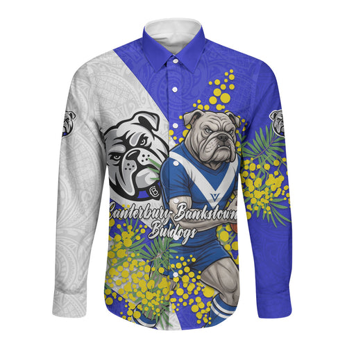 Canterbury Bankstown Bulldogs Long Sleeve Button Shirt Golden Wattle Floral Polynesian - Australian Flower - Rugby Mascot