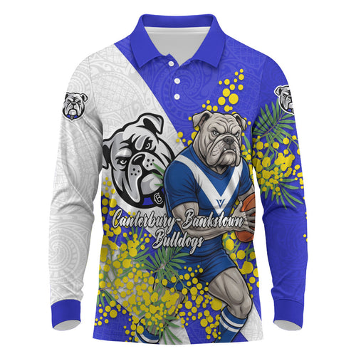 Canterbury Bankstown Bulldogs Long Sleeve Polo Shirt Golden Wattle Floral Polynesian - Australian Flower - Rugby Mascot