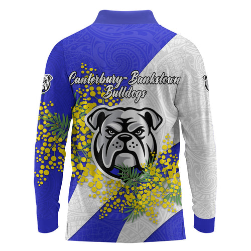 Canterbury Bankstown Bulldogs Long Sleeve Polo Shirt Golden Wattle Floral Polynesian - Australian Flower - Rugby Mascot