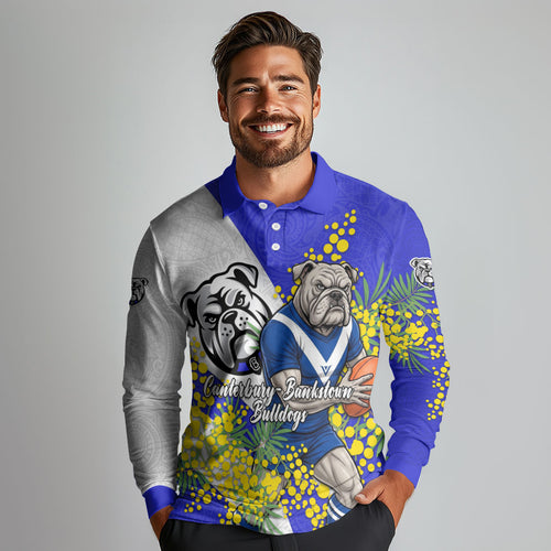 Canterbury Bankstown Bulldogs Long Sleeve Polo Shirt Golden Wattle Floral Polynesian - Australian Flower - Rugby Mascot