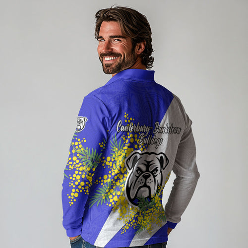 Canterbury Bankstown Bulldogs Long Sleeve Polo Shirt Golden Wattle Floral Polynesian - Australian Flower - Rugby Mascot
